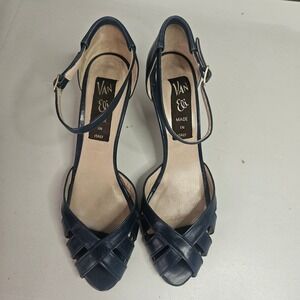 Van Eli Navy Blue Leather Cage Toe Ankle Strap Heels Made in Italy Size 7N